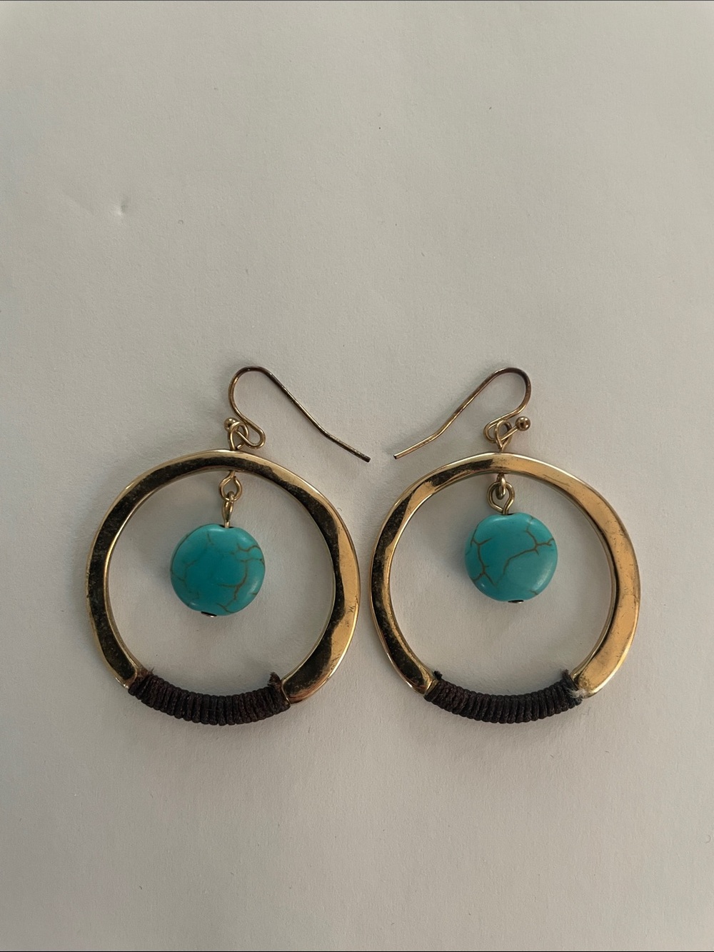 Turquoise Hoop Dangle Hook/Pierced Earrings Gold Tone Rope Accents